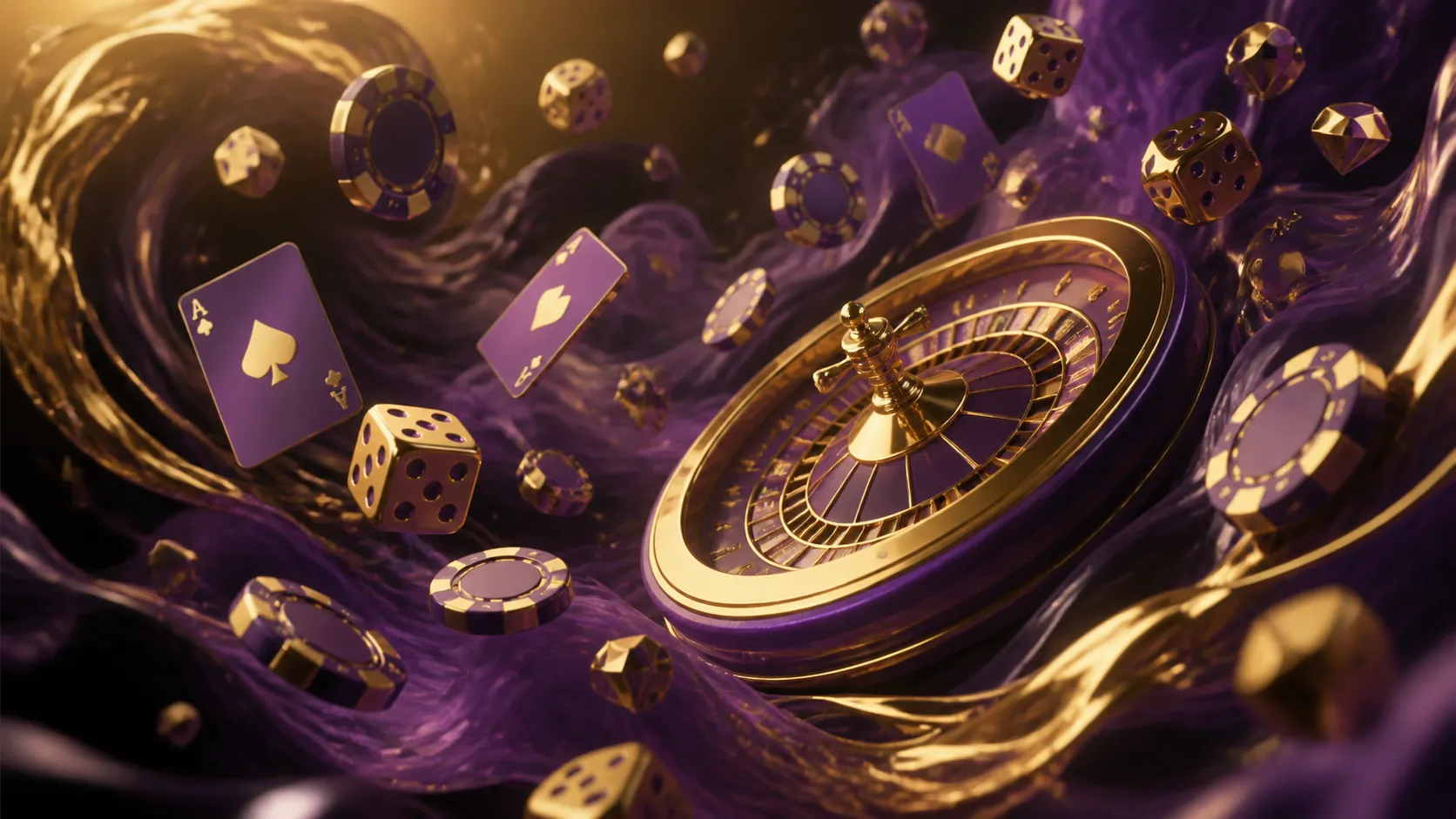 Glossy 3D isometric render of casino elements with realistic textures, showcasing poker chips, playing cards, and roulette wh